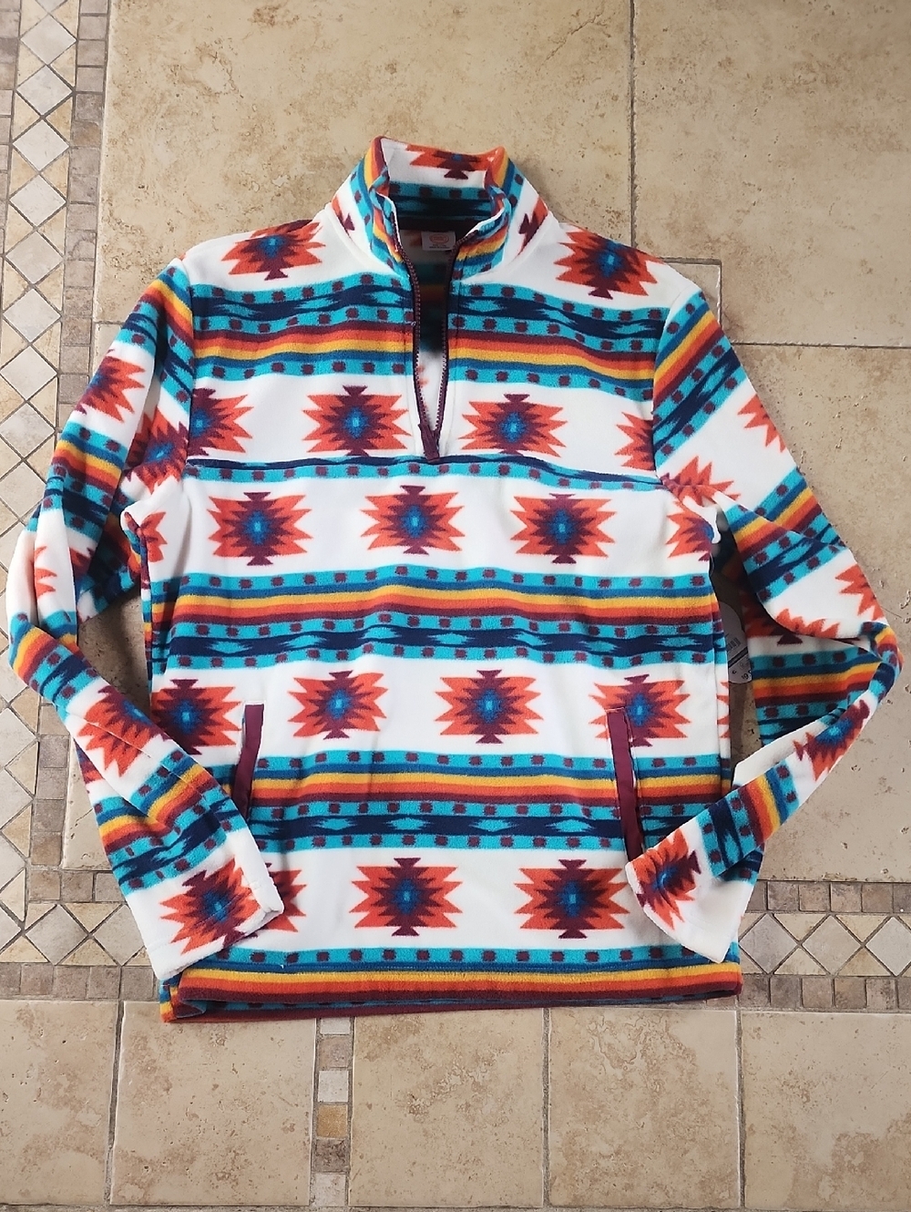 Boys Quarter-Zip Pullover Sweater in White with Turquoise & Red Aztec Print